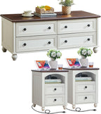 Farmhouse Coffee Table and Night Stand Set of 3,Wood 48" Center Table and 18'' Wide Nightstand with Charging Station,Coffee and End Tables 3-Piece Set for Home Living Room Hallway,White