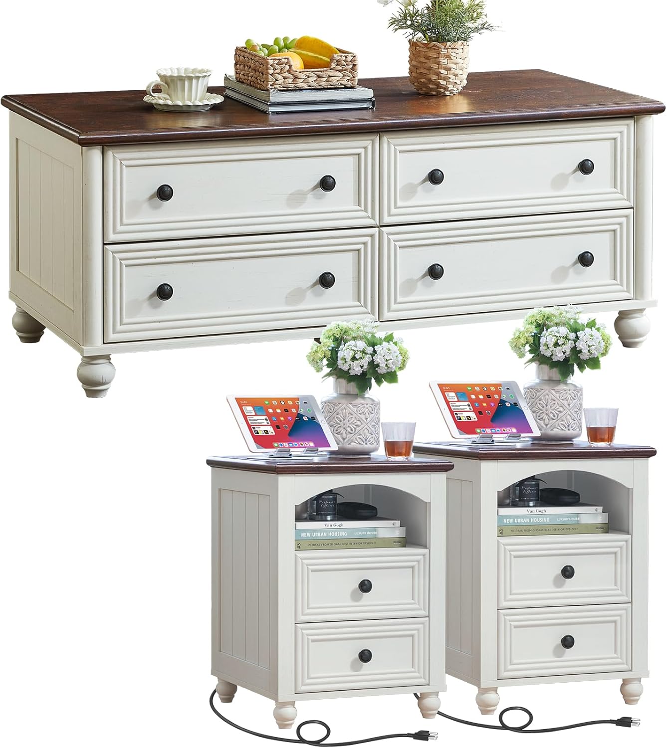 Farmhouse Coffee Table and Night Stand Set of 3,Wood 48" Center Table and 18'' Wide Nightstand with Charging Station,Coffee and End Tables 3-Piece Set for Home Living Room Hallway,White