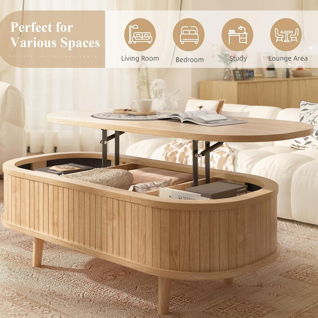 Easyego Oval Lift Top Coffee Table with Storage, 40" Fluted Modern Hidden Compartment Center Table for Living Room, Small Space Apartment, Home Office Desk, Natural