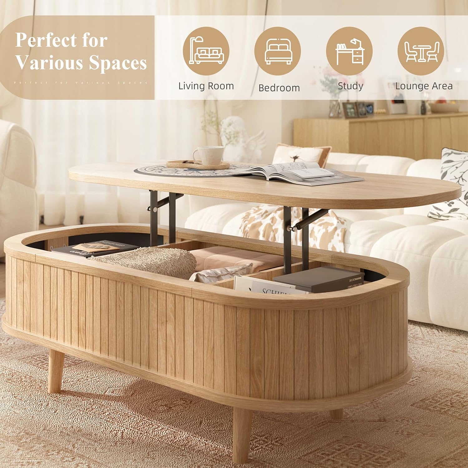 Easyego Oval Lift Top Coffee Table with Storage, 40" Fluted Modern Hidden Compartment Center Table for Living Room, Small Space Apartment, Home Office Desk, Natural