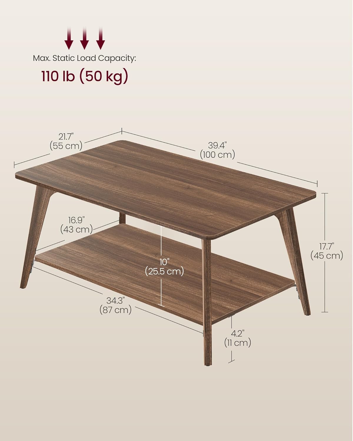 VASAGLE MAEZO Collection - Coffee Table, 2-Tier Center Table with Storage, Tapered Legs, Curved Transitions, 21.7 x 39.4 x 17.7 Inches, Easy to Assemble, for Living Room, Chestnut Brown ULCT249KX01S