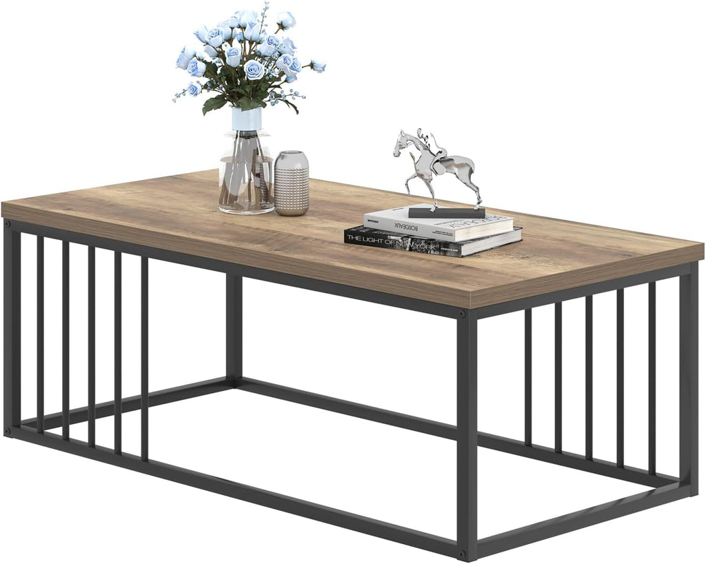 FOLUBAN Modern Coffee Table, Minimalist Wood and Metal Center Table for Living Room, Rustic Oak, 43.3 Inch