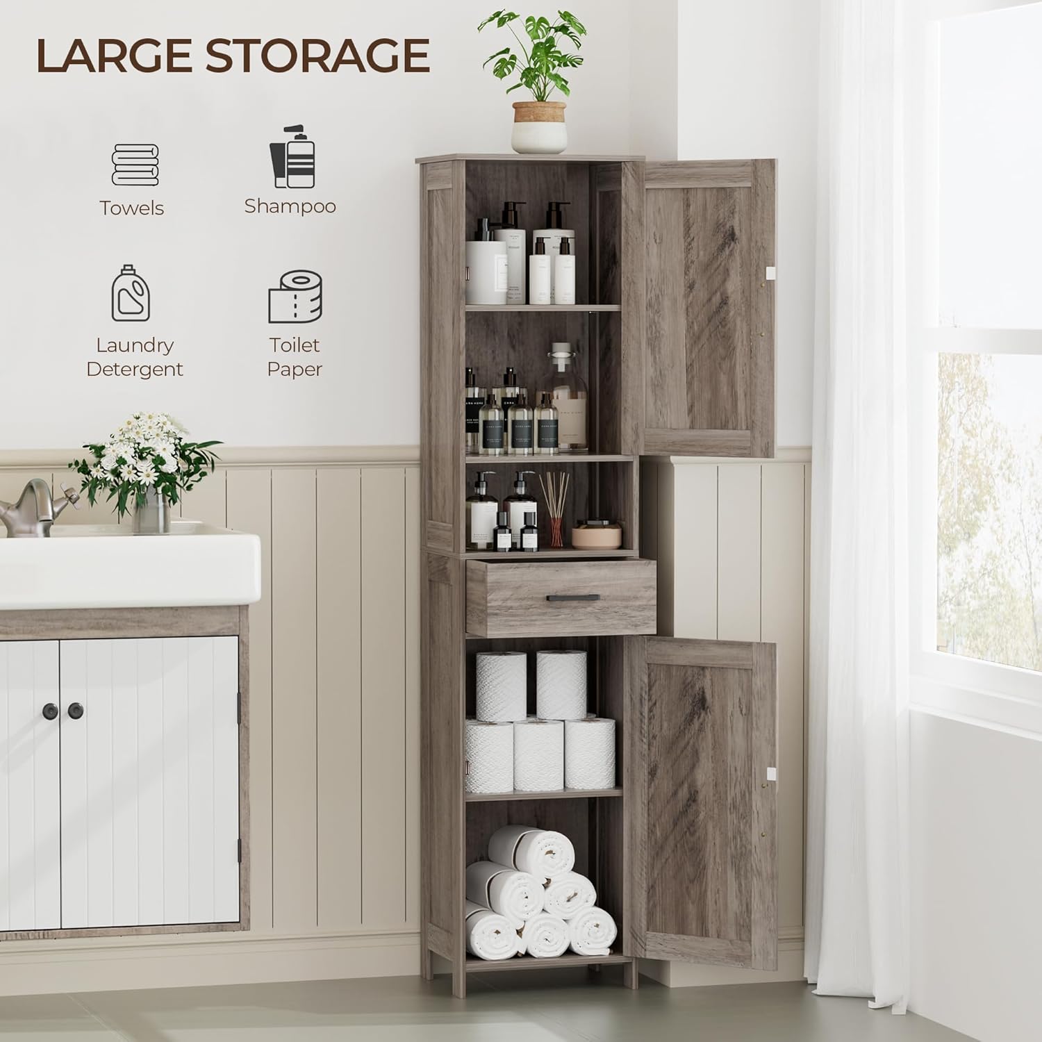 Homhedy 67" H Tall Bathroom Storage Cabinet with 2 Barn Doors and 1 Drawer, Narrow Storage Unit, Adjustable Shelves, Floor Cabinet for Bathroom, Living Room, Entryway, Kitchen, Greige, (15.7" W)