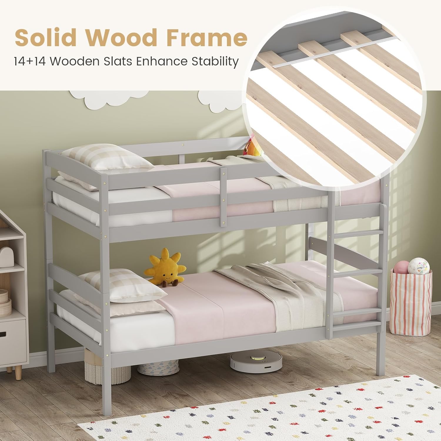 KOMFOTT Bunk Bed Twin Over Twin, Bed Frame w/Full-Length Guardrail & Integrated Ladder, Wood Bunk Bed for Small Space, Converts to 2 Individual Beds for Kids & Adults, No Box Spring Needed