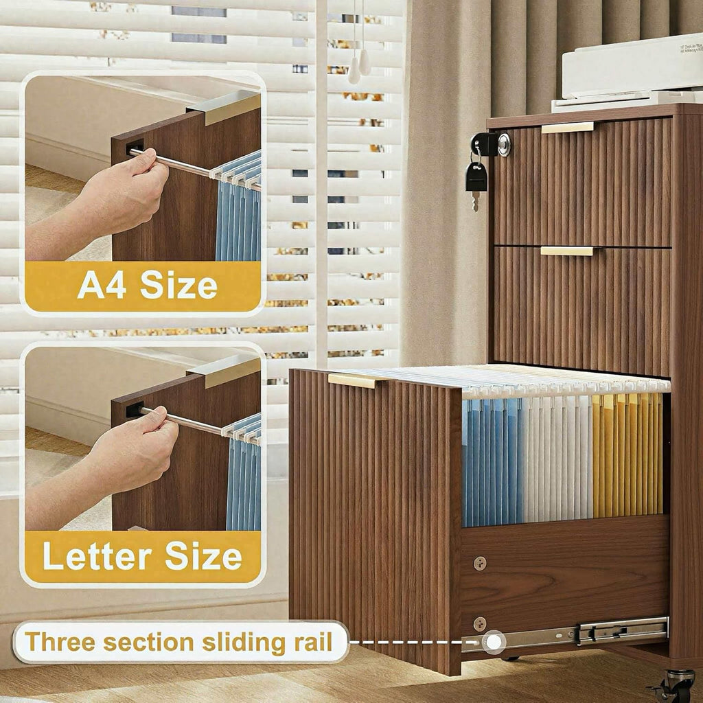 INNOD 3 Drawer Fluted Mobile File Cabinet with Lock, Rolling File Cabinet, Under Desk Wooden Filing Cabinets for Home Office (Walnut)