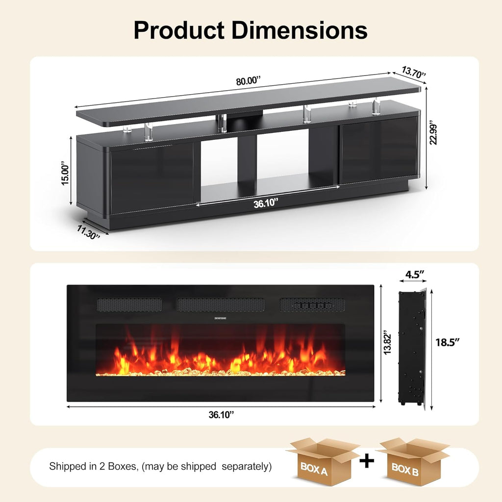 oneinmil 80" Fireplace TV Stand with Dual LED Lights, Fits Most TVs Up to 90", Electric Fireplace Entertainment Center with Storage Cabinets, Media Console for Living Room Office, Black