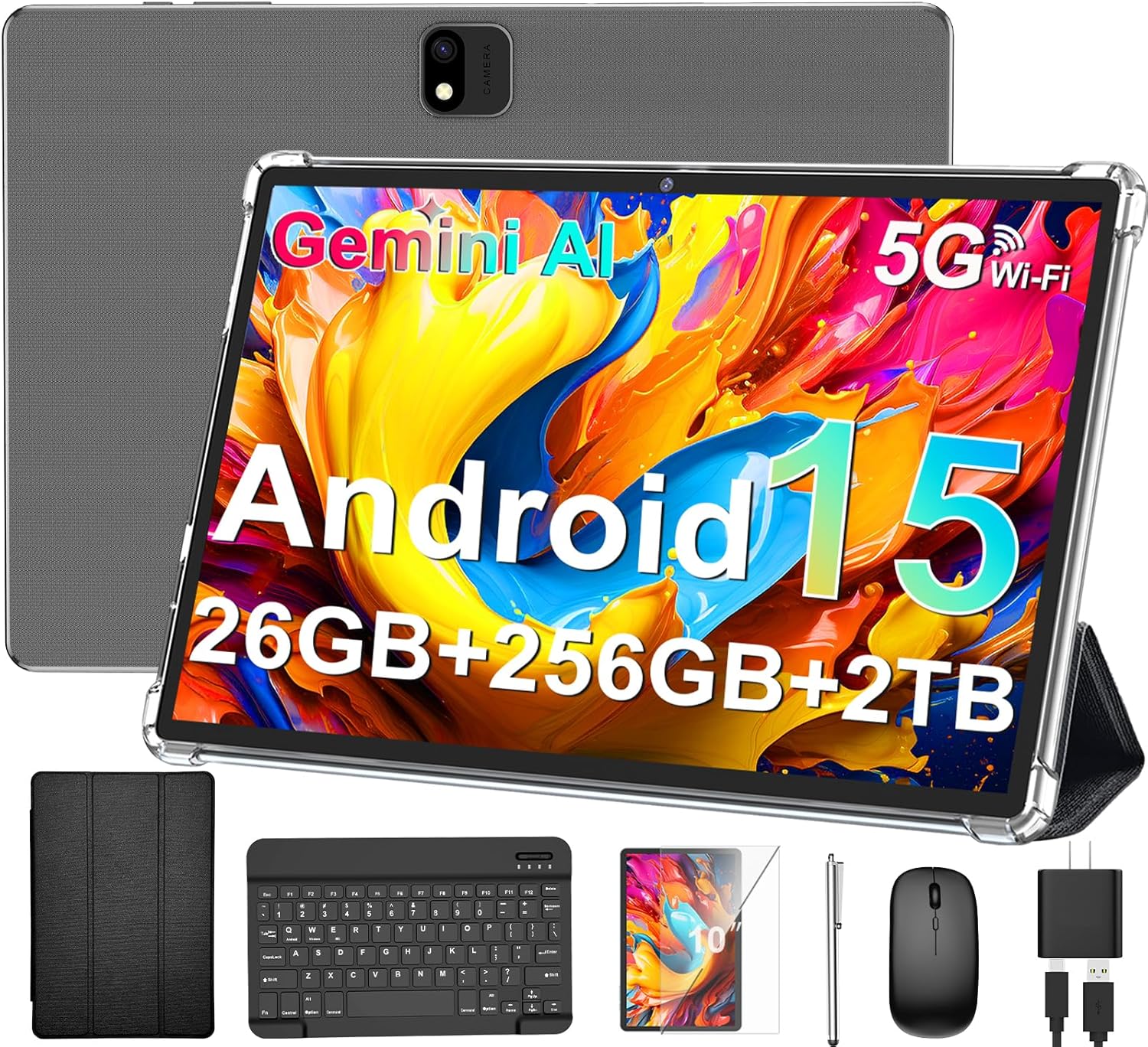 Android Tablet with Keyboard, 2026 Android 15 Tablet 10 inch, 26GB+256GB+2TB Expand, Electronic Tablet PC with Gemini, 8-Core, 8000mAh, 5G WiFi, GMS, 2 in 1 Tablet with Case/Mouse/Stylus(Green Case)