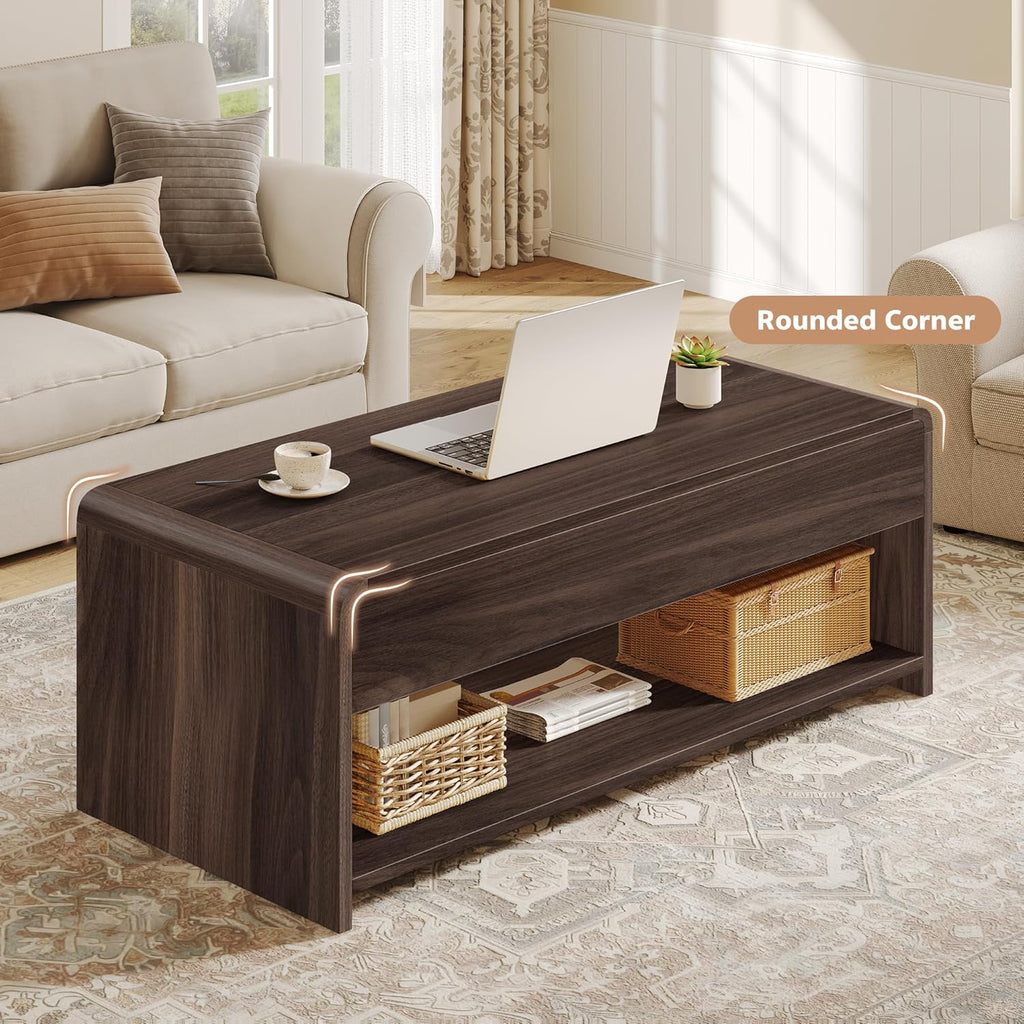 Coffee Table Lift Top, 35 Inch Modern Coffee Table with Hidden Compartment & Open Shelf, Curved Profile Design, Converts to Home Office Table, Center Table for Living Room, Walnut