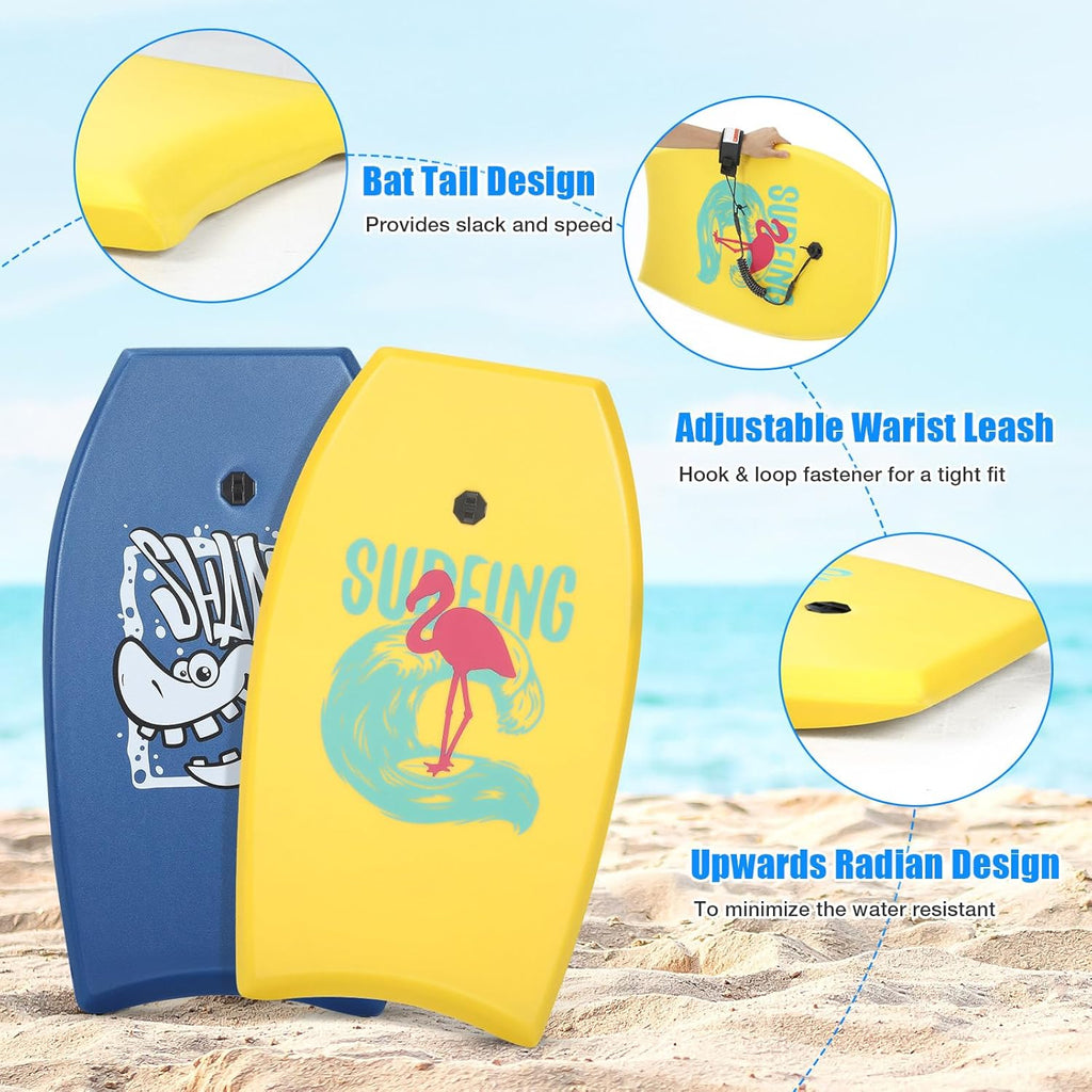 Blueweenly 2 Pcs Body Boards for Beach, Lightweight PE Bodyboard Surfboards with EPS Core, Wrist Leash, XPE Deck and HDPE Slick Bottom for Kids Teens Adults Pool Surfing