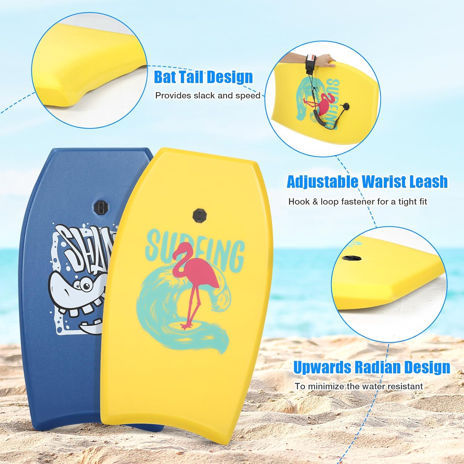 Blueweenly 2 Pcs Body Boards for Beach, Lightweight PE Bodyboard Surfboards with EPS Core, Wrist Leash, XPE Deck and HDPE Slick Bottom for Kids Teens Adults Pool Surfing