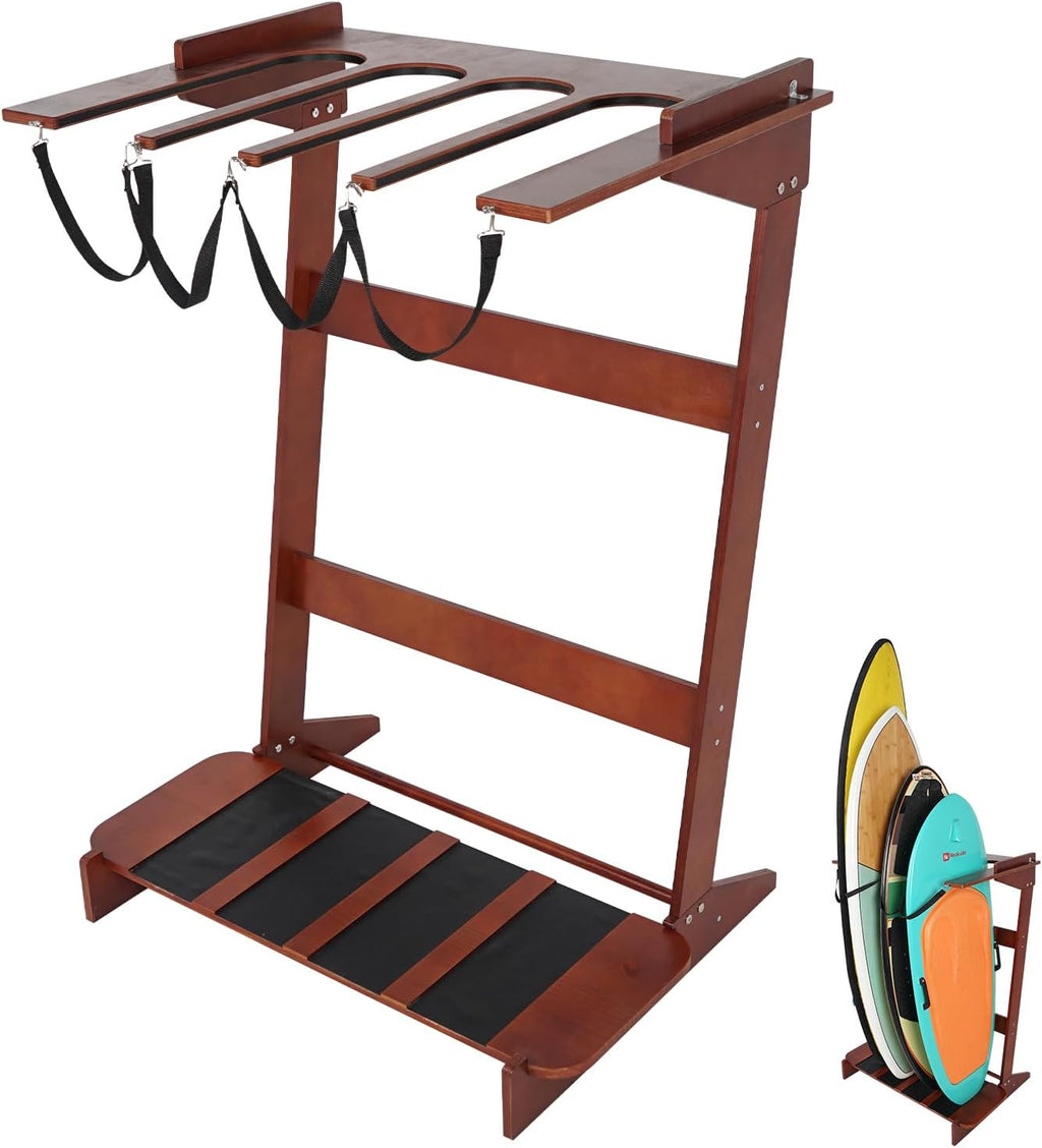 Freestanding Surfboard Rack, Vertical Surfboard Stand Racks, Surf Rack of Free Wall Mount Fits Shortboards, Longboards, Wakeboards, Holds 4 Board, Pine Wood,1 PCS,Dark Brown