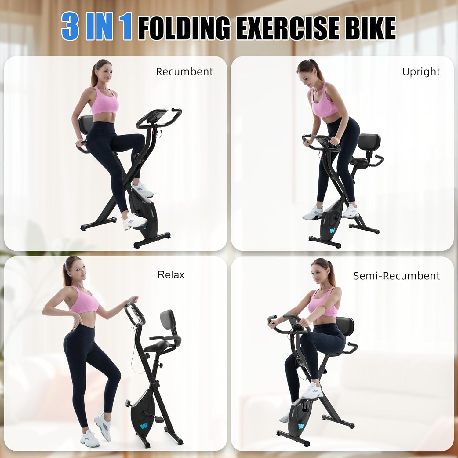 BARWING Stationary Exercise Bike for Home Workout, 5 IN 1 Foldable Indoor Cycling Bike for Seniors, 350LB Capacity, 16-Level Magnetic Resistance, Seat Backrest Adjustments
