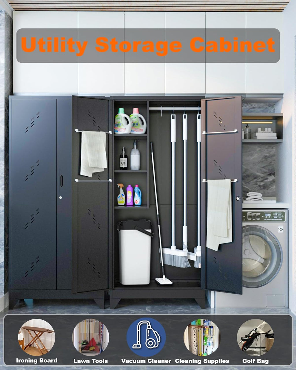 75" Metal Storage Cabinet with Lockable Doors, Functional Garage Storage Cabinets, Heavy-Duty Tool Organization Cabinet with Hanging Rod & S-Hooks (75" Utility Closet)