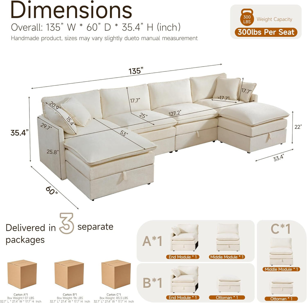 Modular Sofa with Storage, 135" U Shape Sectional Cloud Couch, Comfy Fabric Couch with Movable Ottoman, 6 Seat Modern Deep Seat Sofa for Living Room (Beige Chenille)