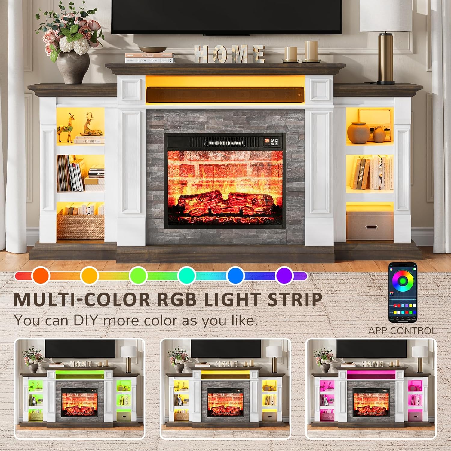 Naice 72" Electric Fireplace with Mantel and Cabinets, Fireplace TV Stand for TVs up to 80", LED Light & Power Outlet, 23in Insert Heater w/Realistic Red Brick Flame for Living Room Bedroom,Brown