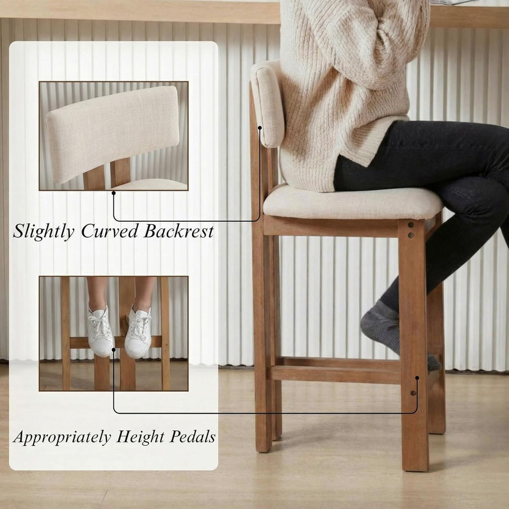 Mid Century Modern 26" Counter Bar Stools Set of 2, Farmhouse Comfy Upholstered Wooden Counter Height Barstools with Footrest for Kitchen Island/Home Bar/Cafe, Linen Beige White