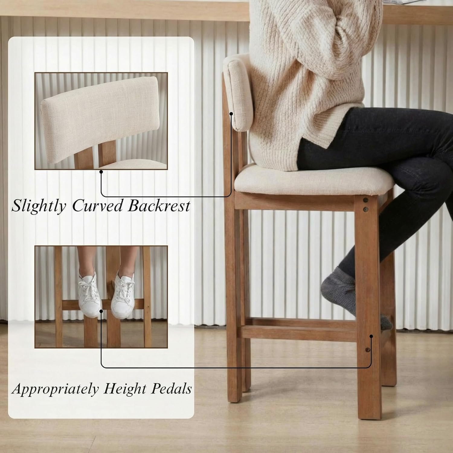 Mid Century Modern 26" Counter Bar Stools Set of 2, Farmhouse Comfy Upholstered Wooden Counter Height Barstools with Footrest for Kitchen Island/Home Bar/Cafe, Linen Beige White
