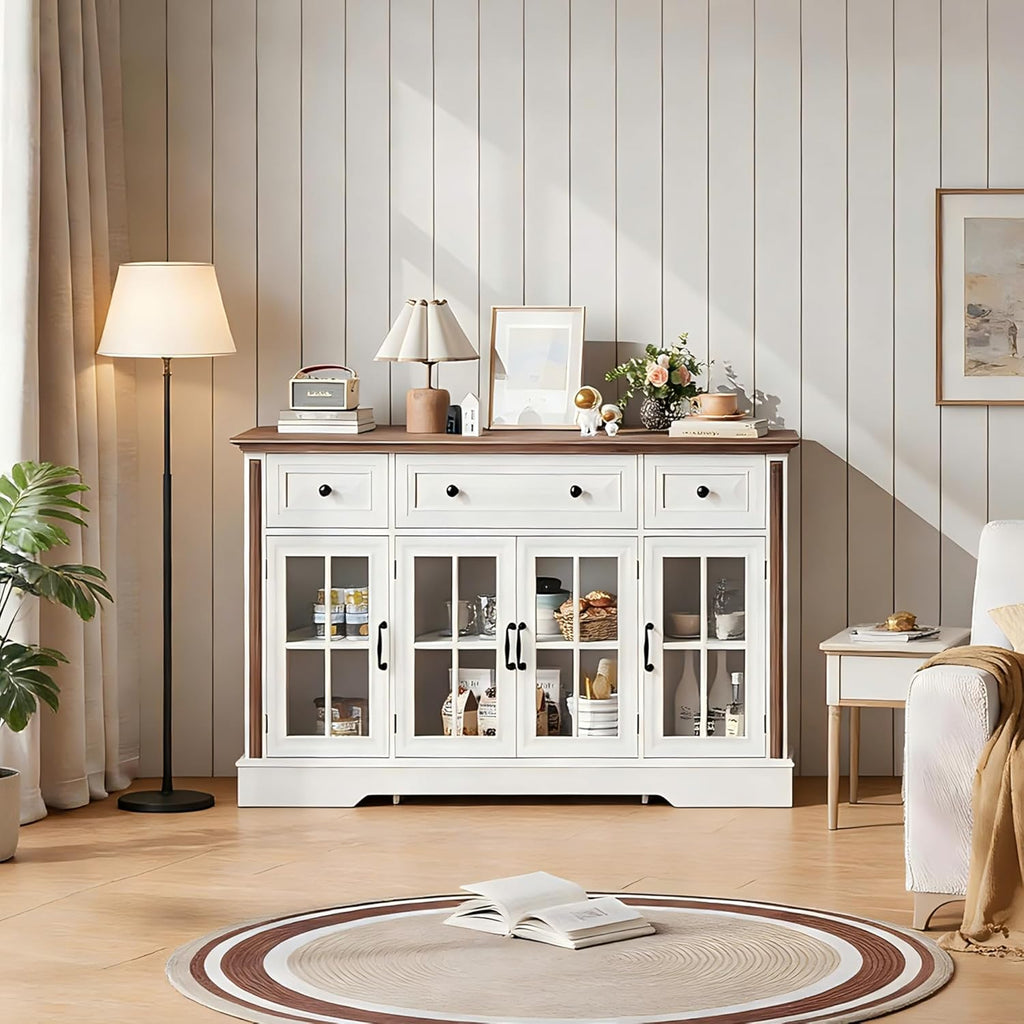 Sideboard Buffet Cabinet with Storage and Glass Doors,4-Door Cabinet with 3 Drawers,53.5" Farmhouse Modern Sideboard with Adjustable Shelves,Coffee Bar Cabinet for Kitchen & Dining Room,White