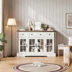 Sideboard Buffet Cabinet with Storage and Glass Doors,4-Door Cabinet with 3 Drawers,53.5" Farmhouse Modern Sideboard with Adjustable Shelves,Coffee Bar Cabinet for Kitchen & Dining Room,White
