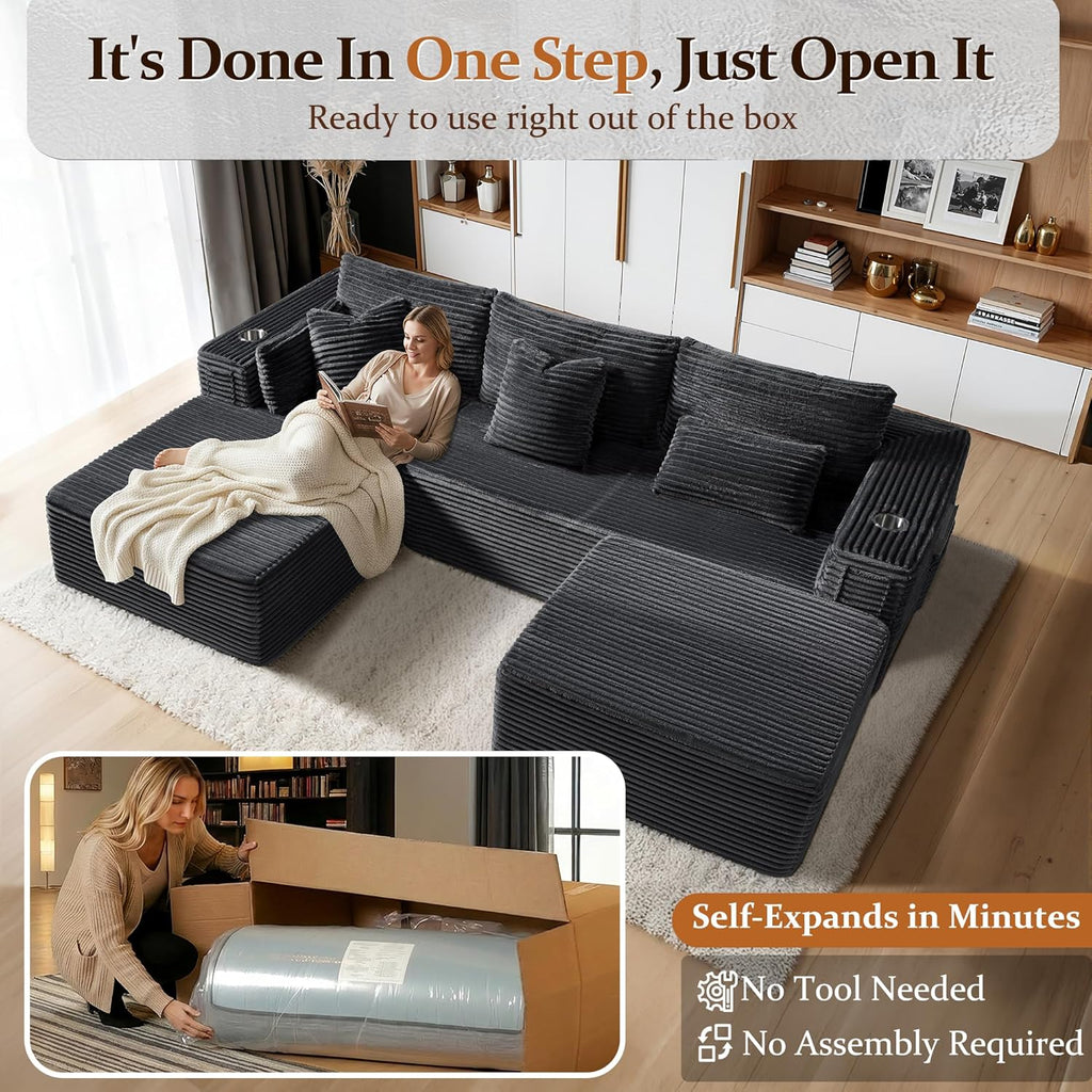 108" Cloud Sectional Couch, Comfort U Shaped Boneless Couch for Living Room, Extra Deep Seats No Assembly, Minimalist Modular Sofa, Corduroy (Dark Grey, 2 Seater+Left Facing Chaise+Ottoman)
