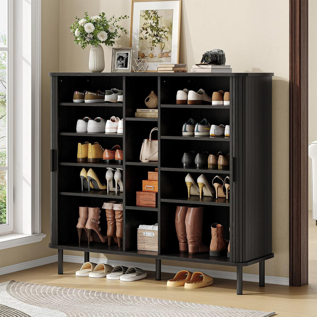 ONBRILL 43" Tall Fluted Shoe Cabinet with 8 Adjustable Shelves, Shoe Storage Cabinet with Sliding Door and 4 Open Shelves, Mid-Century Modern Shoe Organizer for Entryway, Hallway, Living Room, Black