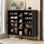 ONBRILL 43" Tall Fluted Shoe Cabinet with 8 Adjustable Shelves, Shoe Storage Cabinet with Sliding Door and 4 Open Shelves, Mid-Century Modern Shoe Organizer for Entryway, Hallway, Living Room, Black