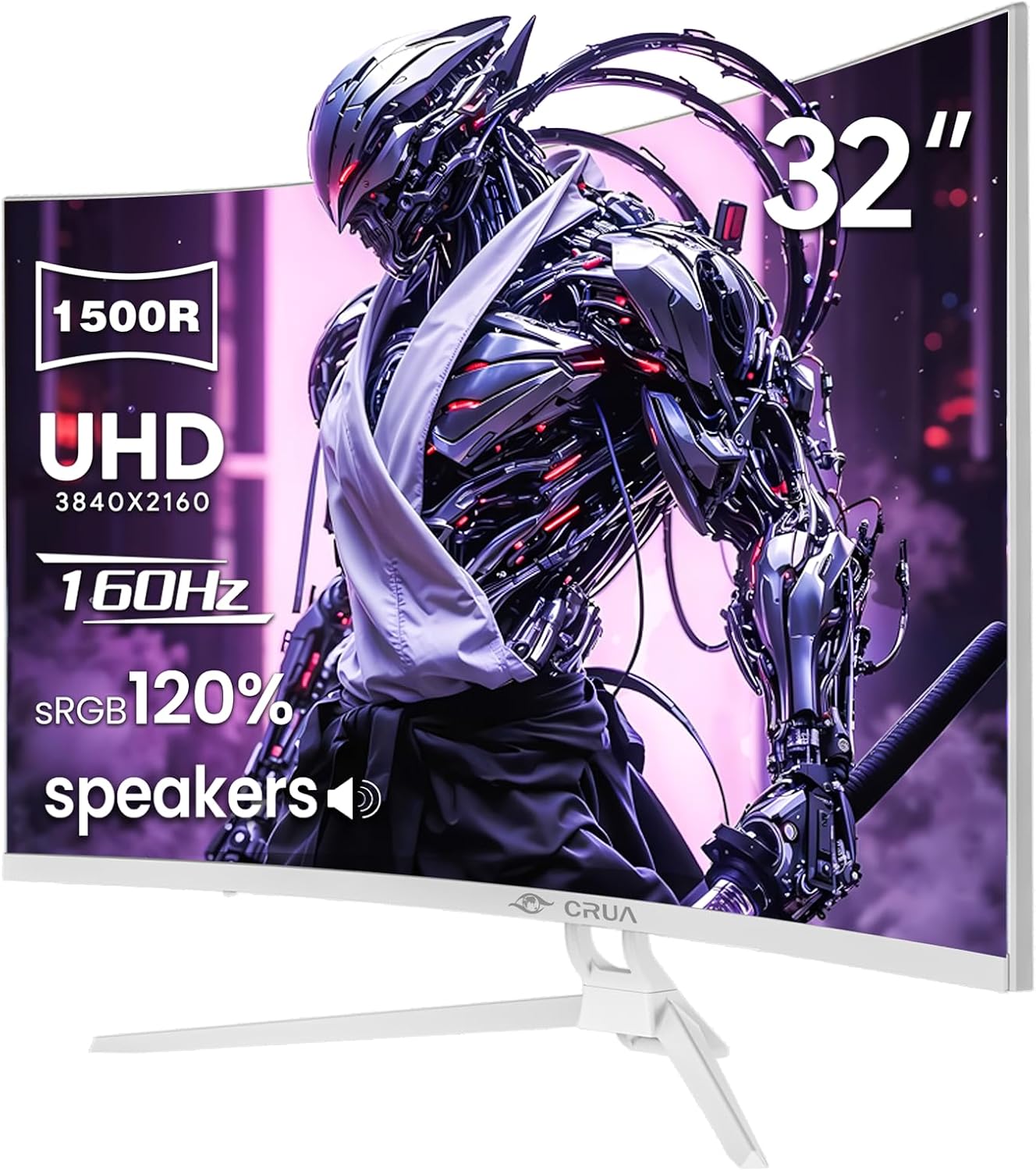 CRUA 32" Curved Gaming Monitor  144Hz/160Hz 4K UHD(3840 * 2160P) 1500R VA Screen  Supports AMD Freesync  120% sRGB  Built-in Speakers  RGB Lighting  Wall Mountable Installs(HDMI 2.1/DP 1.4)-White