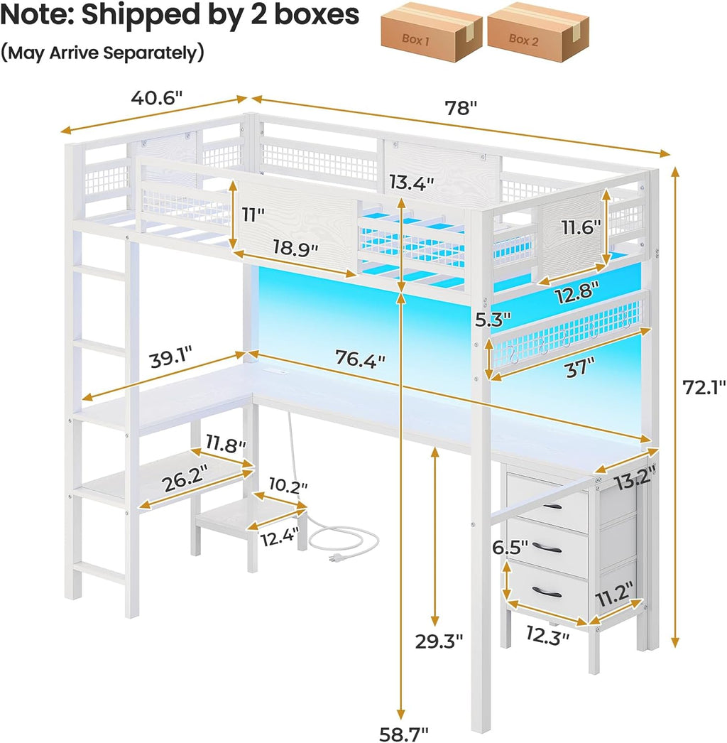 ADORNEVE Loft Bed Twin Size with L-Shaped Desk, LED Lights,Charging Station, Twin Metal Loft Bed Frame with Fabric Drawers & Shelve, 13.4" H Safety Guardrail, No Box Spring Needed, White
