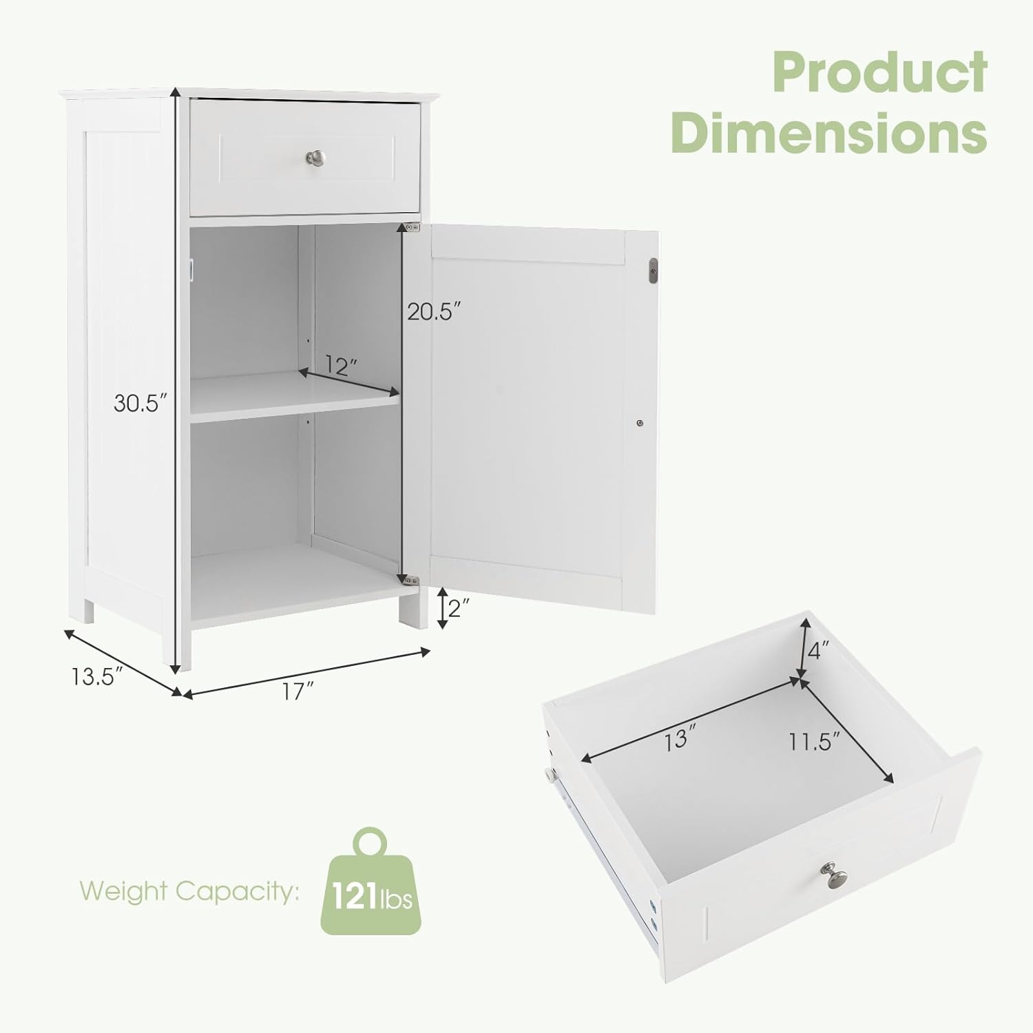 Giantex Floor Bathroom Storage Cabinet - Freestanding Cabinet with Drawer, Door, Adjustable Shelf, Anti-Tipping Device, Storage Organizer for Sofa Side, Bathroom, Living Room, Bedroom, White (White)