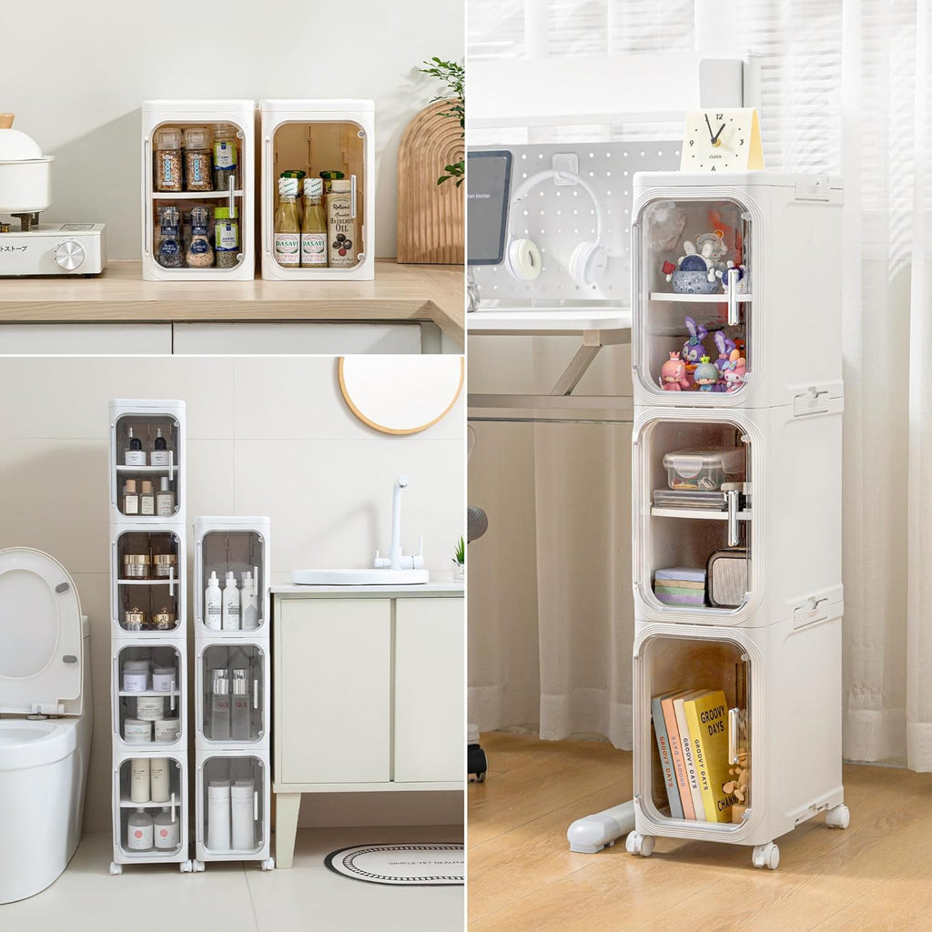 Narrow Bathroom Storage Cabinet with Wheels,5-Tier Plastic Slim Cabinets with Adjustable Shelves for Small Spaces,Bathroom, Kitchen, Cream White