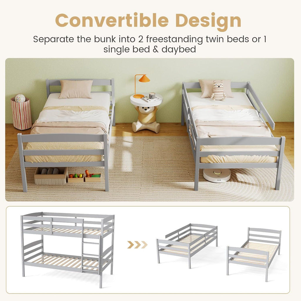 KOMFOTT Bunk Bed Twin Over Twin, Bed Frame w/Full-Length Guardrail & Integrated Ladder, Wood Bunk Bed for Small Space, Converts to 2 Individual Beds for Kids & Adults, No Box Spring Needed