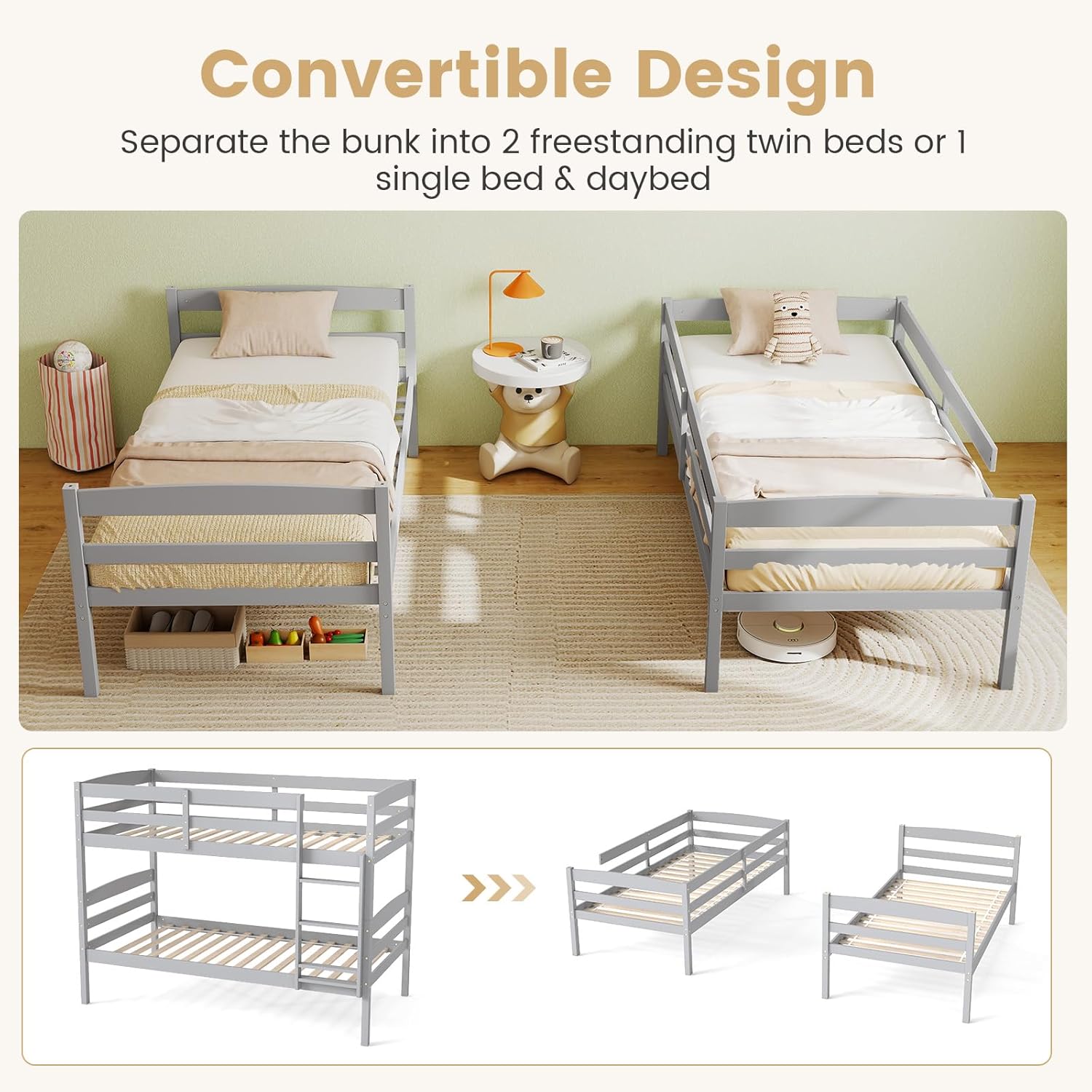 KOMFOTT Bunk Bed Twin Over Twin, Bed Frame w/Full-Length Guardrail & Integrated Ladder, Wood Bunk Bed for Small Space, Converts to 2 Individual Beds for Kids & Adults, No Box Spring Needed