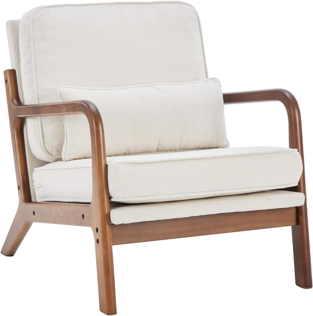 DUMOS Mid Century Modern Chair, Accent Chair with Arms and Waist Cushion, Reading Chairs for Adults, Lounge Chair for Living Room and Bedroom, Solid Wooden Frame, Cream