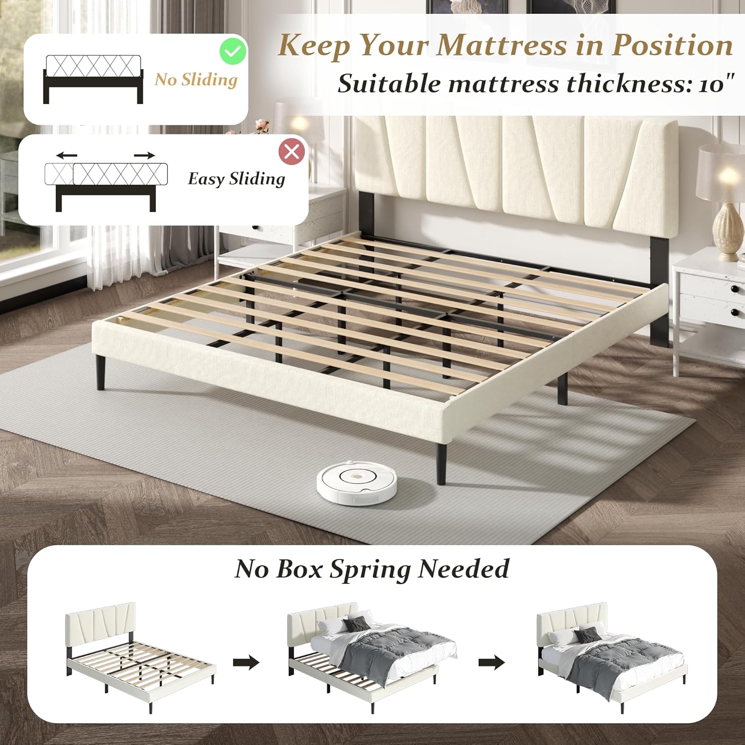 King Size Bed Frame with Fabric Upholstered Headboard, Platform Bed with Wooden Slats Support, Fully Mattress Foundation, Box Spring Optional, Easy Assembly