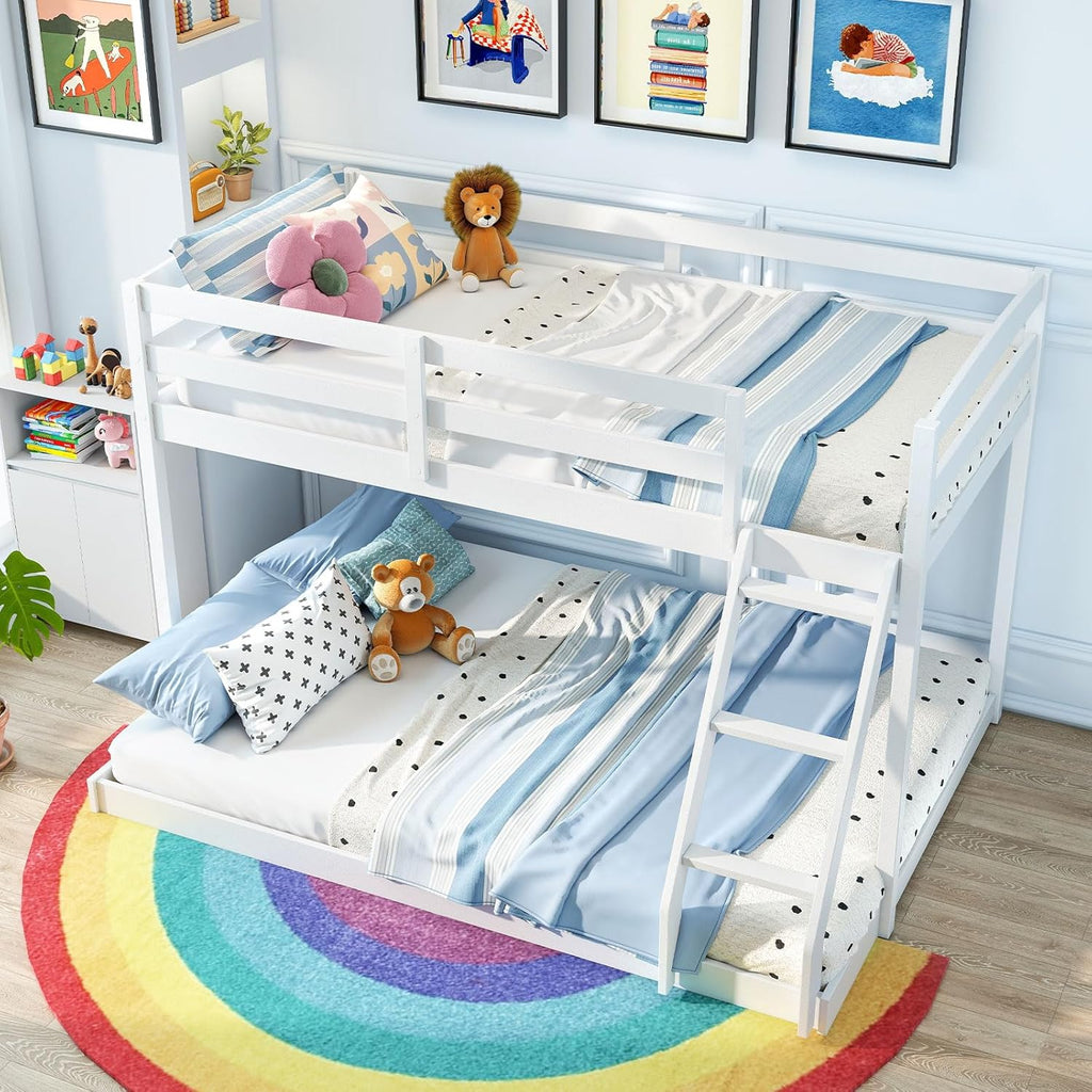 Giantex Twin Over Full Bunk Bed, Solid Wood Kids Bunk Bed with Full-Length Guardrails & Ladder, Low Bunk Beds with Slats Support for Kids, Teens, No Box Spring Needed, White