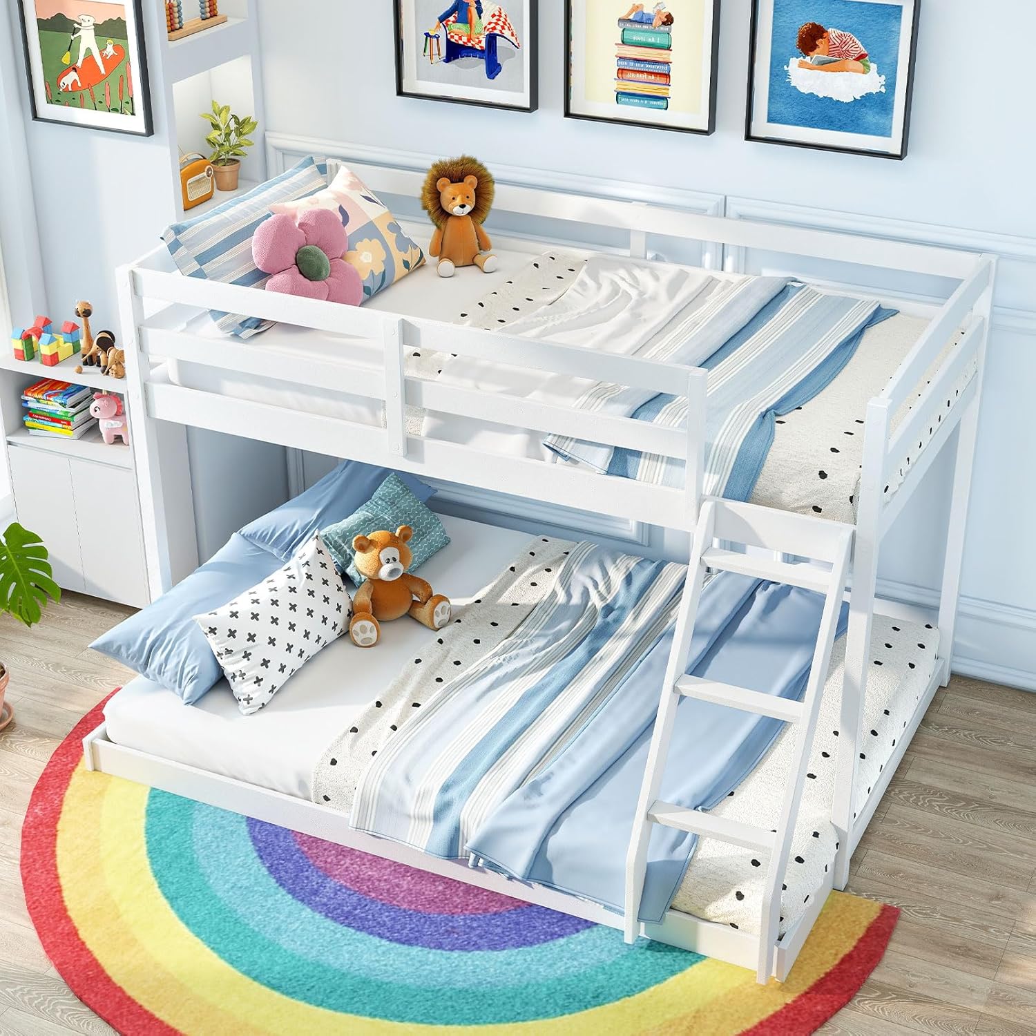 Giantex Twin Over Full Bunk Bed, Solid Wood Kids Bunk Bed with Full-Length Guardrails & Ladder, Low Bunk Beds with Slats Support for Kids, Teens, No Box Spring Needed, White