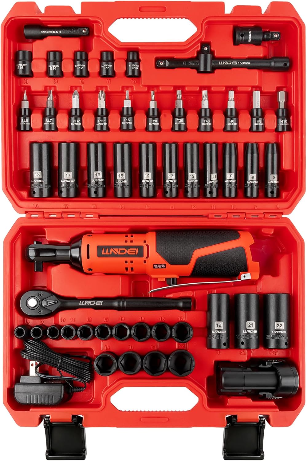 LLNDEI Cordless Electric Ratchet Wrench Set with Socket Set, 3/8" Ratchet, 40FT-LBS with Adjustable Speed, 1 Pack 2000mAh Lithium-Ion Battery and Charger, 52pcs
