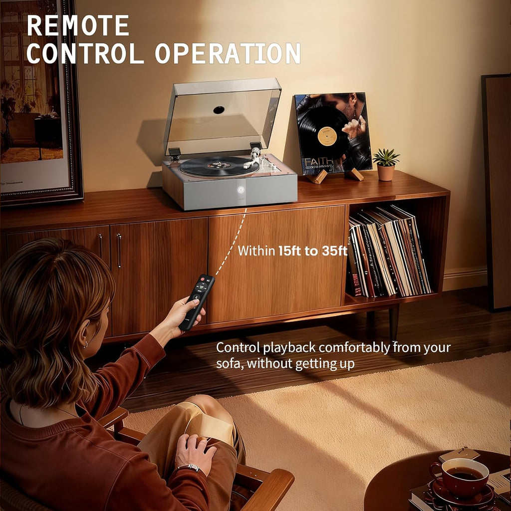 1 by ONE Fully Automatic Record Player  All-in-One Vinyl Turntable with Automatic Repeat Function  Remote Control  Built in Speakers& DSP  Phono Preamp  AT-3600L Cartridge  Belt Drive 2-Speeds
