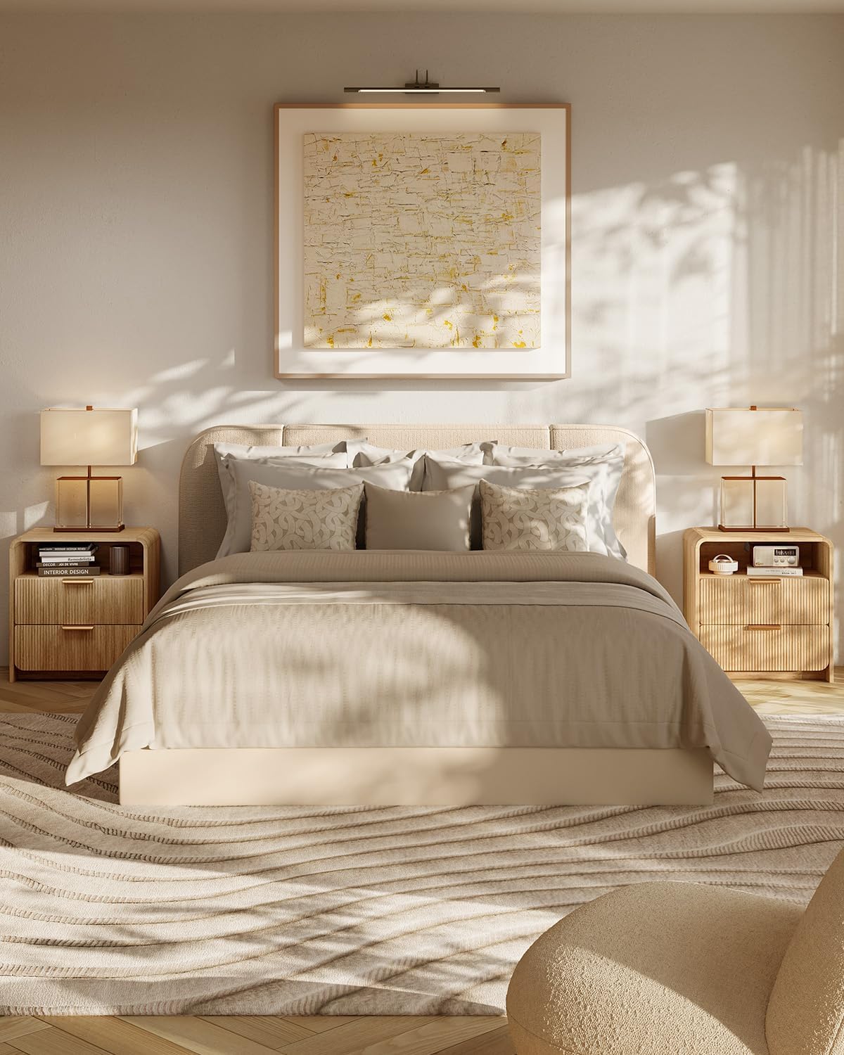24" Fluted Nightstand Set of 2 with Charging Station, Bedside Table with Metal Handle, NightStand with 2 Drawer and Shelf, End Table for Bedroom, Curved Profile, Natural Oak