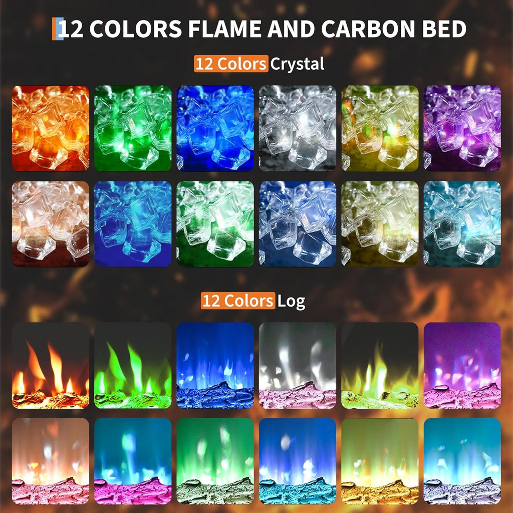 72-Inch Recessed Electric Fireplace, Wall Mounted, Remote Control, 12 Flame Colors, 750/1500W Heater, Multicolor, Log & Crystal, Black