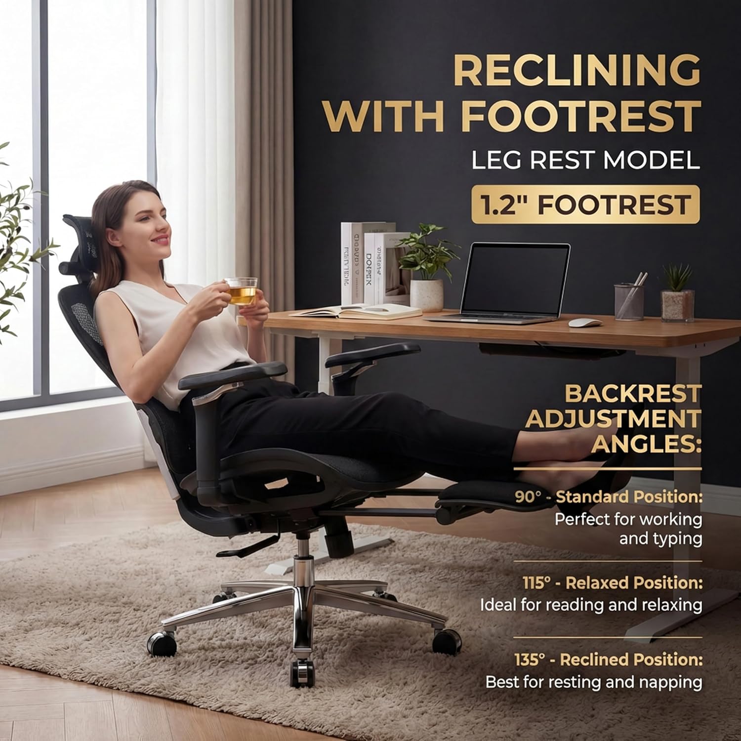 Ergonomic Office Chair with Footrest & Massage Lumbar Support – 4D Headrest & 6D Armrests, Reclining Big and Tall 400LBS Mesh Chair, Adjustable Seat Depth & Back Height, for Home Office/Gaming (Black)