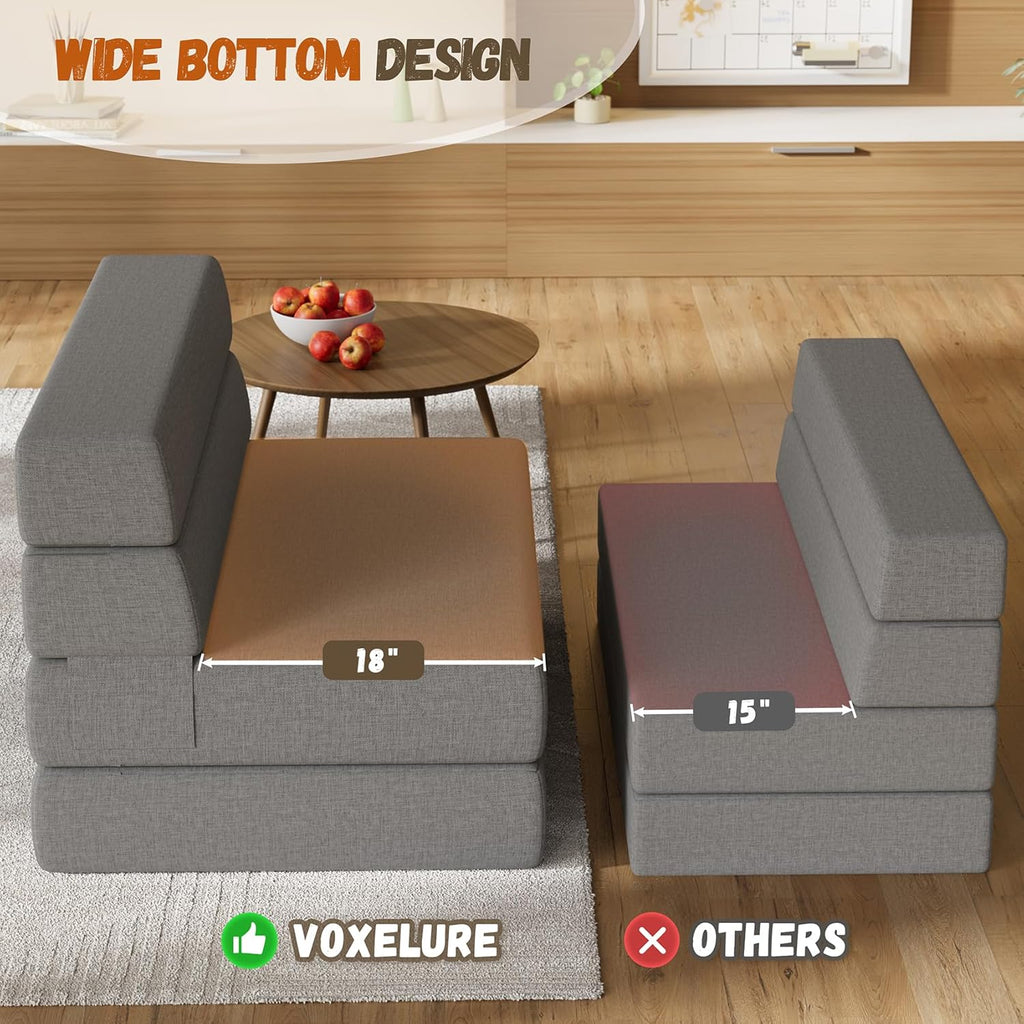 Folding Sofa Bed, Convertible Sleeper Chair & Couch Bed with Pillow, One-Piece High-Density Sponge Mattress, Multi-Purpose Floor Sofa for Living Room, Office, Dorm, Apartment, Grey, Single