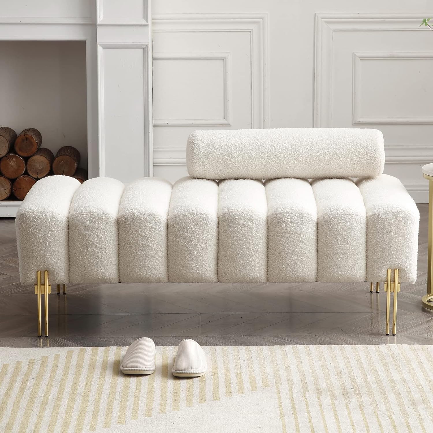 NIOIIKIT 53.2" Modern Loveseat Sofa Couch, Upholstered Accent Sofa with Golden Legs and Adjustable Backrest, Small Teddy Fleece Couches for Bedroom, Living Room, Compact Small Space (Beige Teddy)