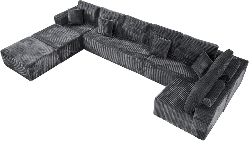 177'' Cloud Couch, Comfy Fluffy Oversized Modular Sectional Couches for Living Room, 8 Seater Modern Plush Corduroy Large Boneless Couch with Ottoman, Deep Seat, No Assembly Required, Dark Grey