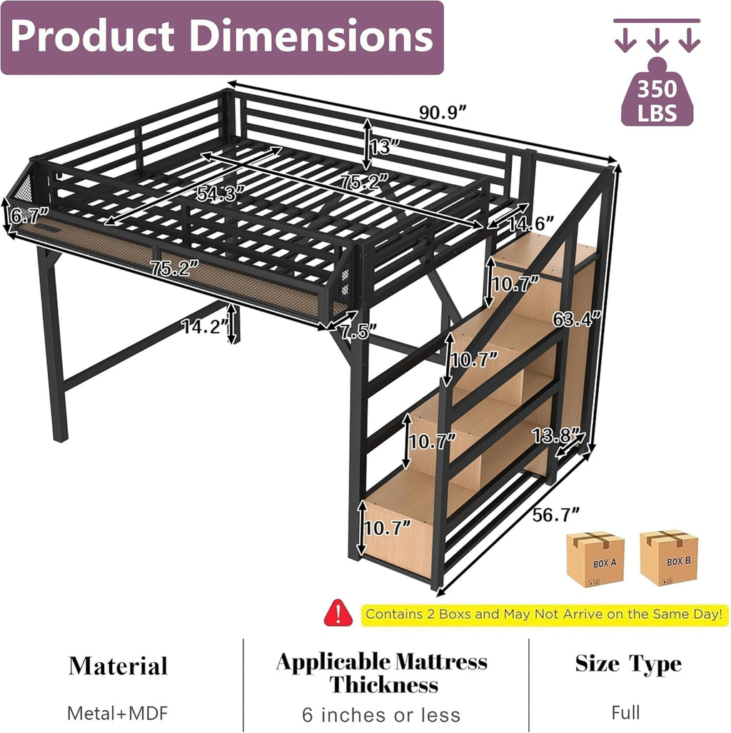 Bellemave Full Size Loft Bed with Storage Stairs, Shelves & Wardrobe, Metal Full Loft Bed Frame with LED Lights & USB Ports for Kids Teens, Noise-Reduced Design, Natural Wood