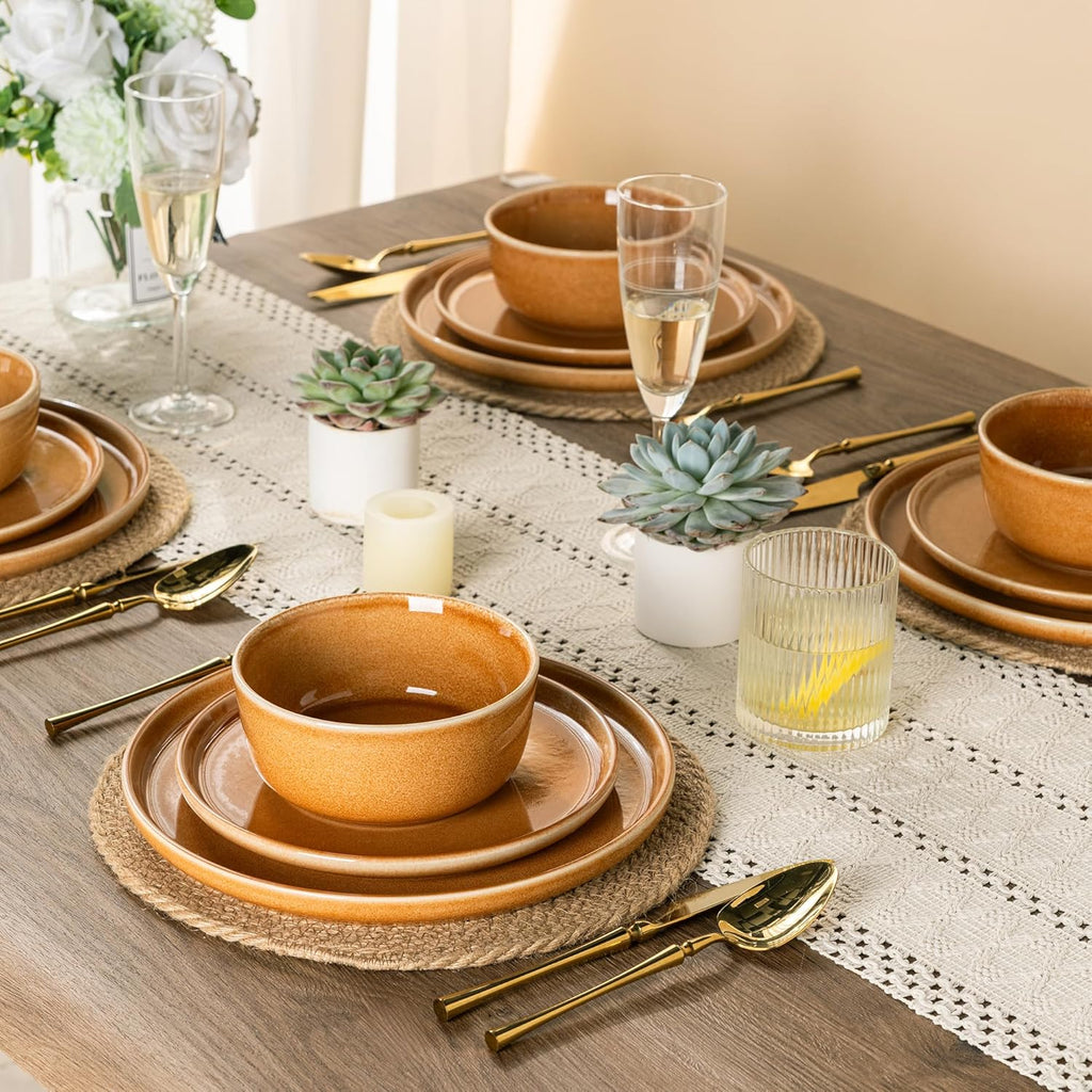 GBHOME Ceramic Dinnerware Sets for 4, 12 Pieces Stoneware Plates and Bowls Sets, Scratch Resistant Dishes, Dishwasher & Microwave Safe, Reactive Glaze-Amber