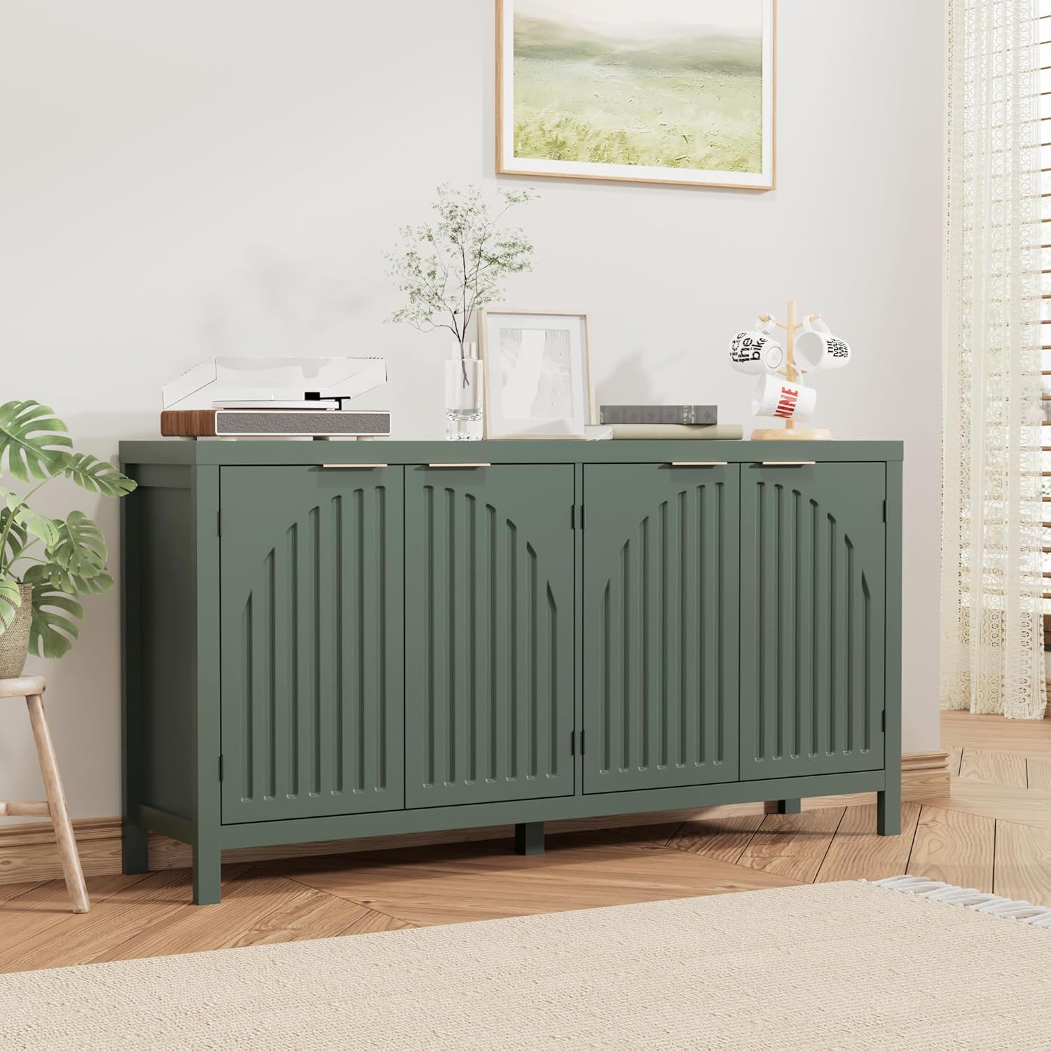 Fluted Sideboard Buffet Cabinet with Storage, 58" Mid Century Modern Accent Cabinet with Arch Doors, Large Wood Media TV Console Table Credenza for Dining Room, Kitchen, Living Room Entryway, Green