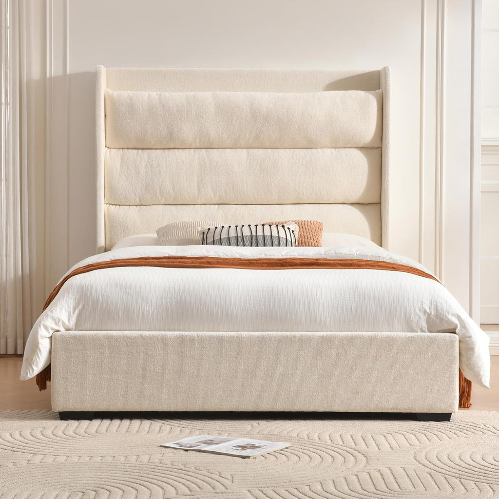 YUHUASHI Queen Storage Bed Frame with 63.4-inch High Headboard, Storage Drawers, Slatted Support, No Spring Mattress Required (Cream, Queen (U.S. Standard))