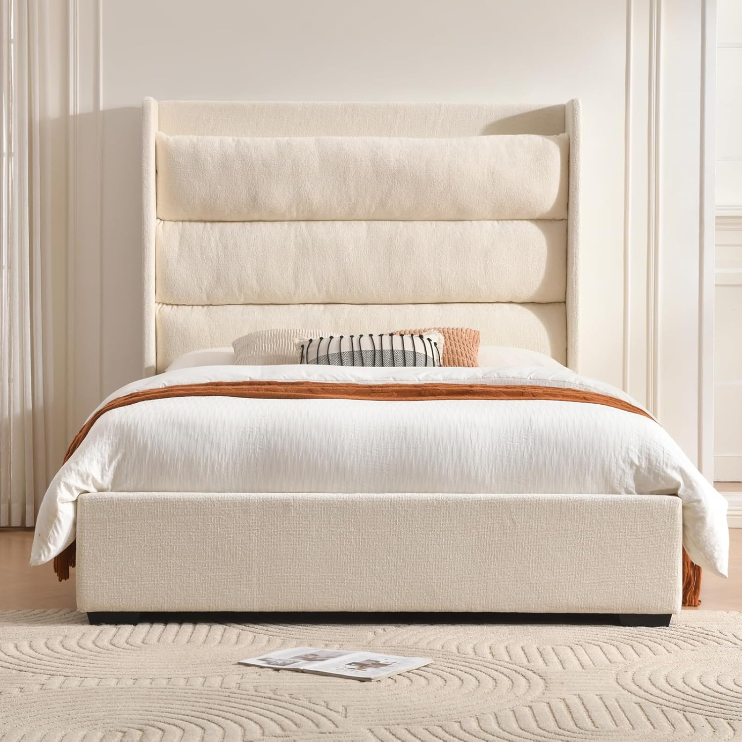 YUHUASHI Queen Storage Bed Frame with 63.4-inch High Headboard, Storage Drawers, Slatted Support, No Spring Mattress Required (Cream, Queen (U.S. Standard))