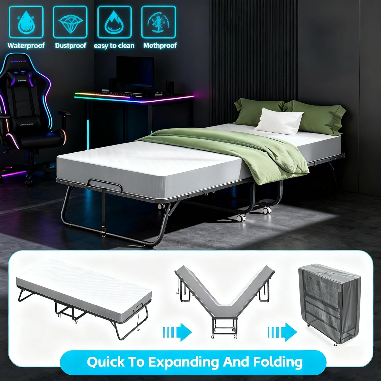 Pataku Folding Bed with Mattress, Twin Foldable Bed, Roll Away Beds for Adults, 75" x 31" Roll Away Portable Beds with 5" Mattress, Folded Frame for Small Apartment, Guest Room